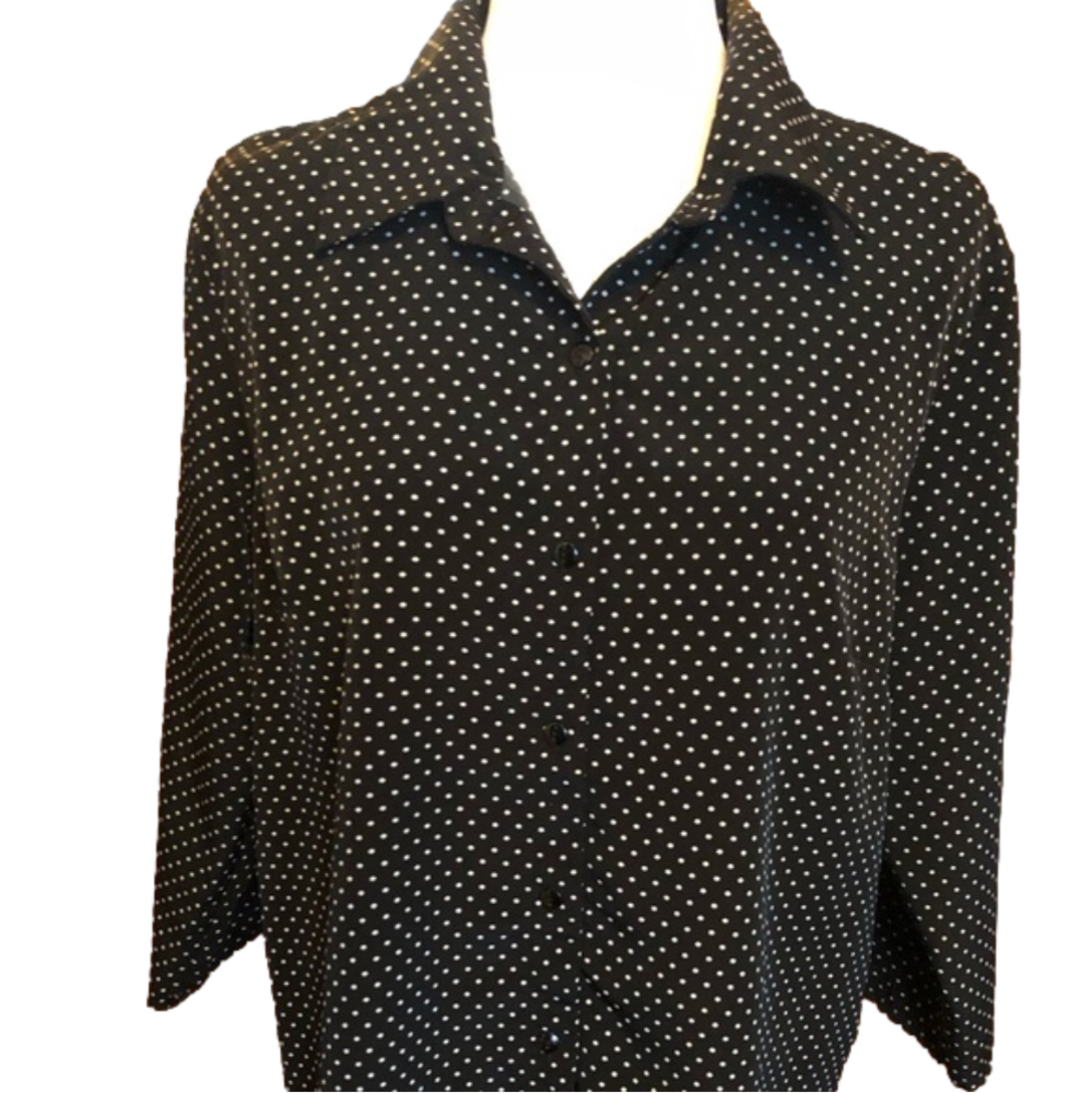 Black and White Polka Dot Women’s 3/4 Sleeve, Button Down Blouse, Size 16 or 1X